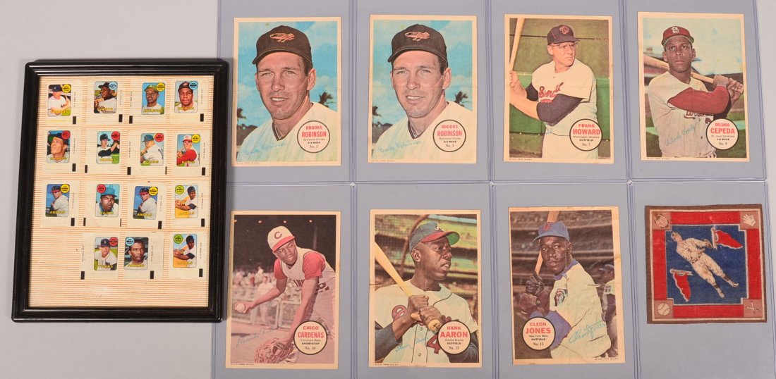 Seven Topps Company 7 inch by 5 inch thin light weight: Seven Topps Company 7 inch by 5 inch thin light weight baseball cards including #3 Robinson (two cards), #7 Frank Howard, #9 Orlando Cepeda, #10 Chico Carbenas, #13 Cleon Jones, #15 Hank Aaron. Also i