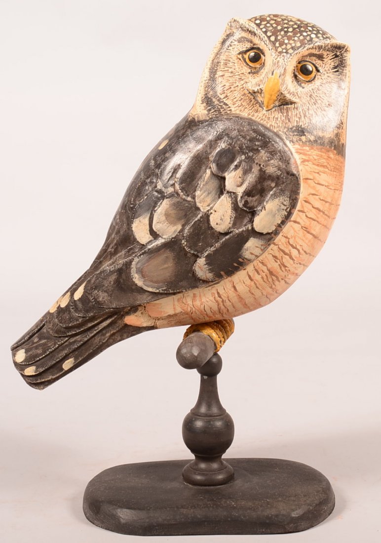Jay Miles 2007 Hawk Owl Sculpture. Wooden carved and: Jay Miles 2007 Hawk Owl Sculpture. Wooden carved and realistic painted perched owl on base, signed Jay Miles and SI' NA' YA' 17"h. Condition: Very good.