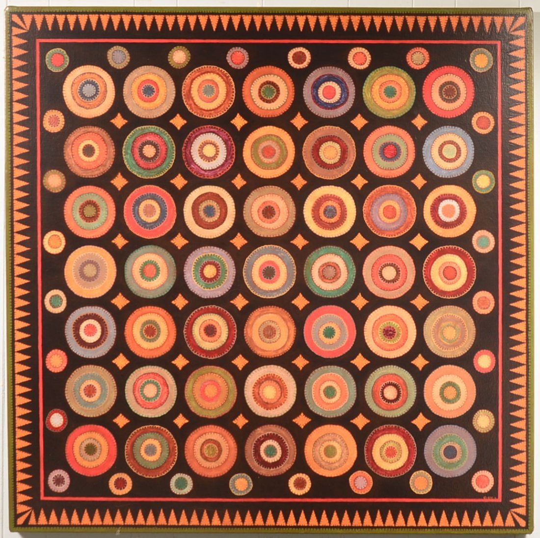 Oil on Canvas depicting Geometric Quilt with Sawtooth: Oil on Canvas depicting Geometric Quilt with Sawtooth Border, signed on back Four Calling Birds Ltd. 2002, 48-1/2"h. x 48-1/2"w. Condition: Very good.