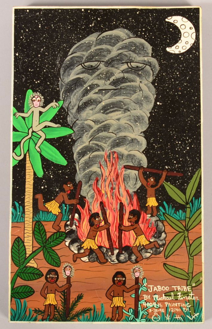 Michael Finster 1996 "Jaboo Tribe" Artwork Plaque.: Michael Finster 1996 "Jaboo Tribe" Artwork Plaque. Acrylic on wood. 12"h. x 7-1/4"w. Condition: Very good.
