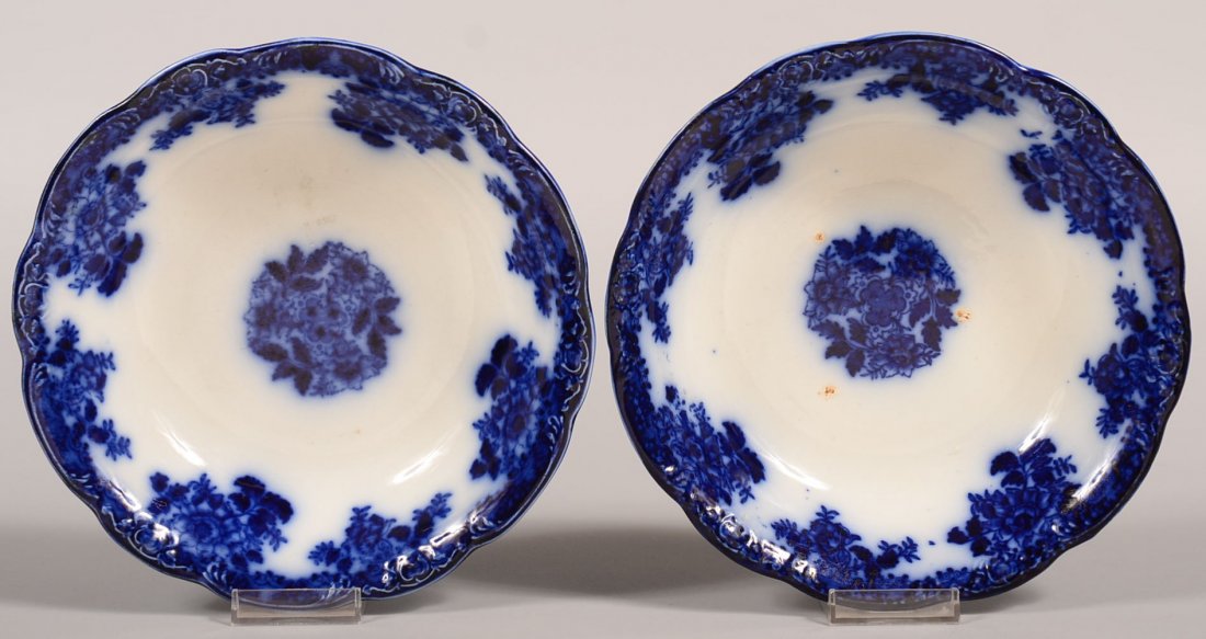 Two Flow Blue Transfer Decorated China "Waldorf" 9": Two Flow Blue Transfer Decorated China "Waldorf" 9" Diameter Vegetable Bowls by New Wharf Pottery. Condition: Good, no damage.