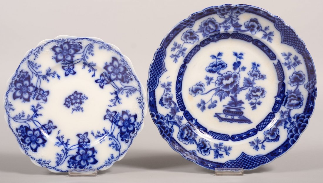 Two Pieces of Flow Blue Transfer Decorated China.: Two Pieces of Flow Blue Transfer Decorated China. "Pekin" pattern 12" charger by Albert E. Jones & Co. and "Claremont" pattern 10-1/4" plate by Johnson Bros. Condition: both are very good.
