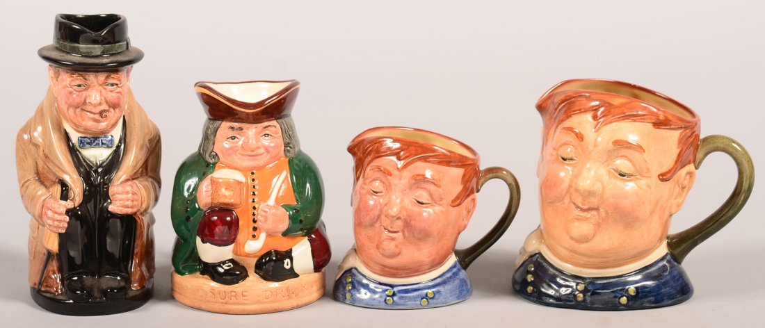 Four Royal Doulton Porcelain Character Jugs. Winston: Four Royal Doulton Porcelain Character Jugs. Winston Churchill, Honest Measure and two various Fat Boys. 3-1/4" to 5-3/8" high. Condition: Very good.