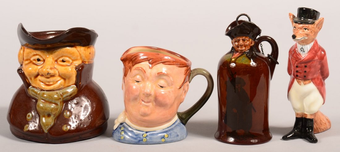 Three Various Pieces of Royal Doulton Porcelain and a: Three Various Pieces of Royal Doulton Porcelain and a Pottery Character Jug. Fox Figurine, 4-1/2"h., Fat Boy jug, 3-1/4"h. and a Royal Doulton Kingsware dark glaze Watchman Flask having loop handle an