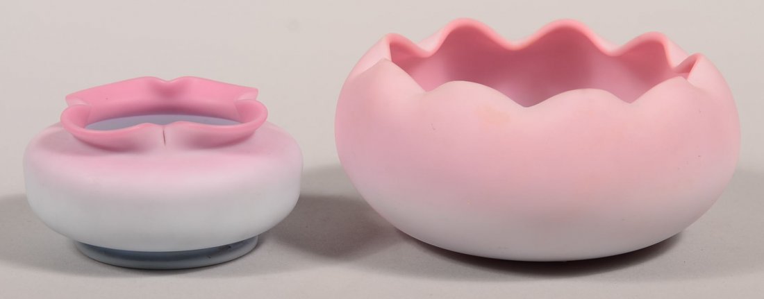 Two Mt. Washington Peach Blow Satin Glass Crimped Top: Two Mt. Washington Peach Blow Satin Glass Crimped Top Bowls. Dusty rose to pale blue gray with plush finish. Squat bulbous bodies and ground pontil mark. Attributed to Mt. Washington Glass Co., Circa.