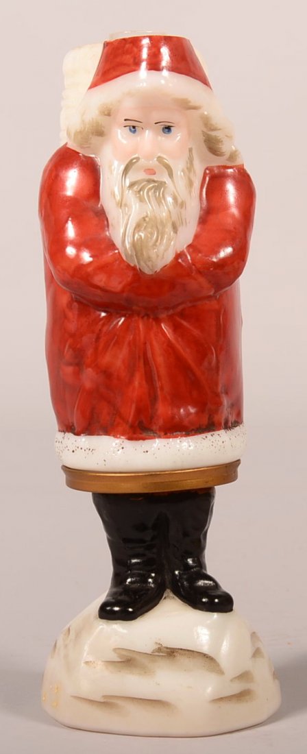 Santa Claus Miniature Fluid Lamp. White Milk Glass: Santa Claus Miniature Fluid Lamp. White Milk Glass Santa with Painted red coat and hat, painted black boots, thumbwheel marked Patent Feb. 27 1877, Roughness chips on bottom of shade, 9-3/4"h. Conditi