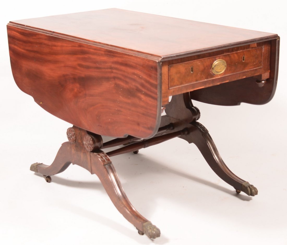American Federal Mahogany Breakfast Table School of: American Federal Mahogany Breakfast Table School of Duncan Phyfe, New York, Circa 1810-1820. High quality figured mahogany single board top, shaped drop leaves, dovetailed skirt drawer (one false draw