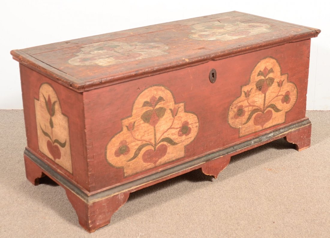 Northampton County, Pennsylvania Late 18th/Early 19th: Northampton County, Pennsylvania Late 18th/Early 19th Century Paint Decorated Dower Chest. Red ground with bold heart, tulip and floral motifs in stylized clover and arched panels. Molded lid, interio