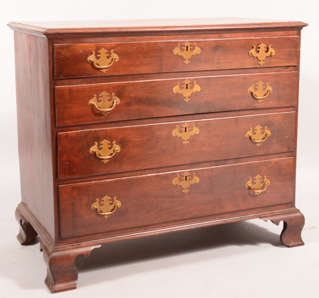 Pennsylvania Chippendale Walnut Chest of Drawers,: Pennsylvania Chippendale Walnut Chest of Drawers, Circa. 1760-1790. Molded top, four full width graduated, lip molded, dovetailed drawers, molded base and ogee bracket feet. 34-1/2"h. x 39-1/2"w. x 22