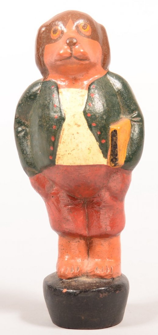 Painted Redware Dog Figure with green waist coat and: Painted Redware Dog Figure with green waist coat and red trousers with portfolio under arm, impressed stag mark on bottom, 6-3/4"h. Condition: Good.