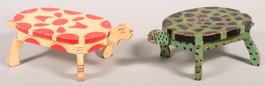 Two Painted Turtle Form Wooden Foot Stools. 7-1/4"h. x: Two Painted Turtle Form Wooden Foot Stools. 7-1/4"h. x 18-1/2"long. And 6"h. x 16-3/4"long. Condition: Good.