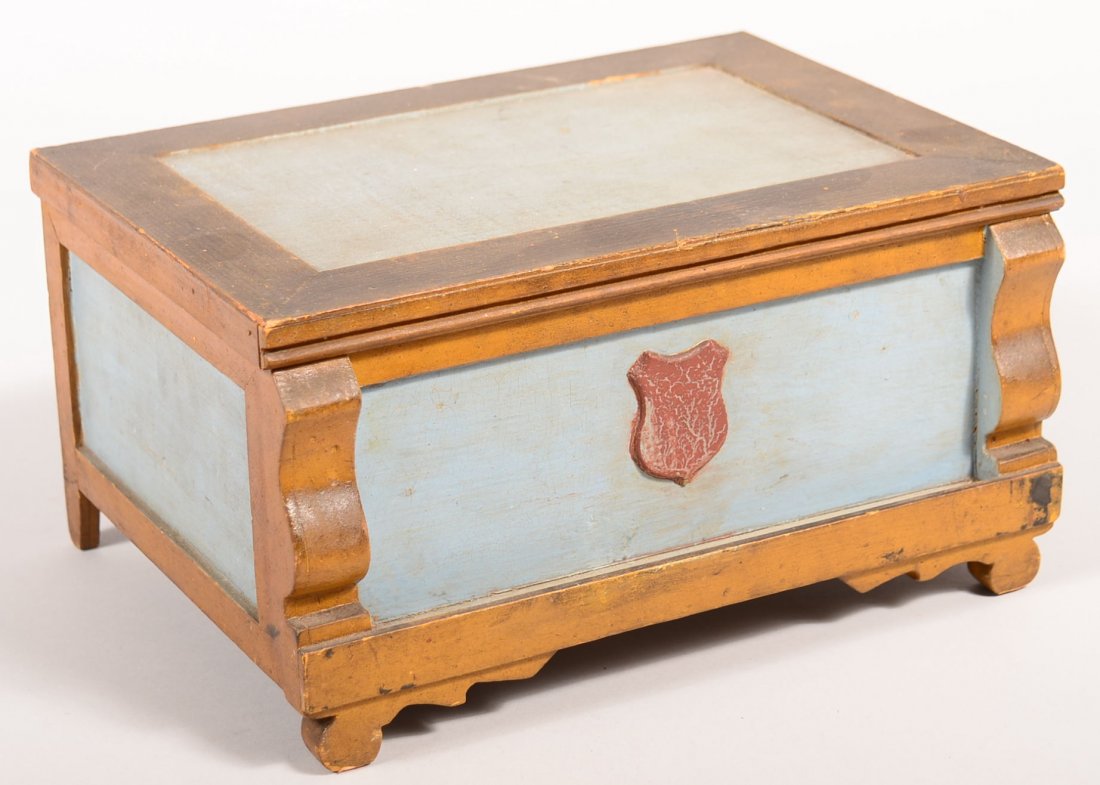 Hand Made Miniature Blanket Chest with interior till.: Hand Made Miniature Blanket Chest with interior till. painted blue panels with green trim, some parts are made of using old crates, 6"h. x11-1/4"w. x 8-1/2"d. Condition: Good.