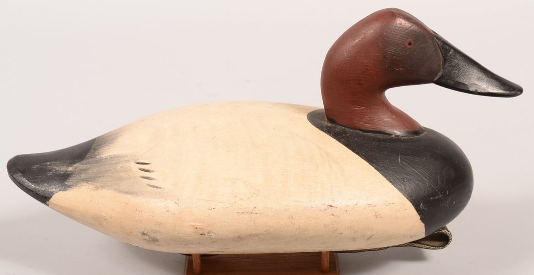 Canvasback Duck Decoy. Madison Mitchell, Havre De: Canvasback Duck Decoy. Madison Mitchell, Havre De Grace, MD. labeled E. Brooks, E. King St. York, PA. and East Prospect, F. Dietrich, weight and four nail anchor strap, 16"long. Condition: Very good.