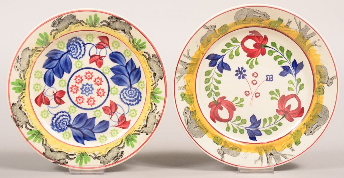 Two Rabbitware Stick Spatter Ironstone China Plates.: Two Rabbitware Stick Spatter Ironstone China Plates. Polychrome stick spatter centers with rabbit borders. One plate has frog and tree variant border with Late Adams Rose center and one plate has blue