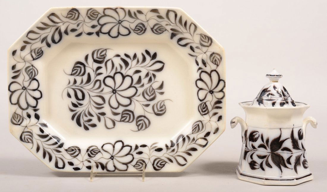 Two Pieces of Mulberry Brush Stroke Ironstone China.: Two Pieces of Mulberry Brush Stroke Ironstone China. 15-1/2" "Heath's Flowers" platter and a Tulip and Leaf covered sugar bowl, 8"h. Condition: Platter has a edge repair and sugar bowl has a finial re