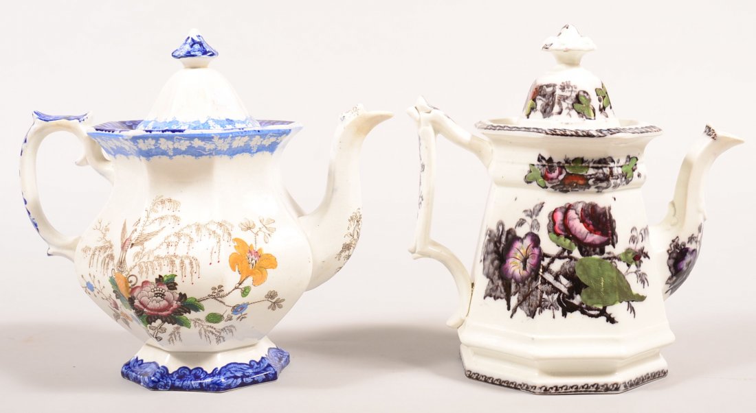 Two Polychrome Transfer Decorated Ironstone China: Two Polychrome Transfer Decorated Ironstone China Teapots. Paneled forms in "Flora" and "Flemsburg" patterns, both 9-1/4"h. Condition: Both have spout repairs and interior rim chips.
