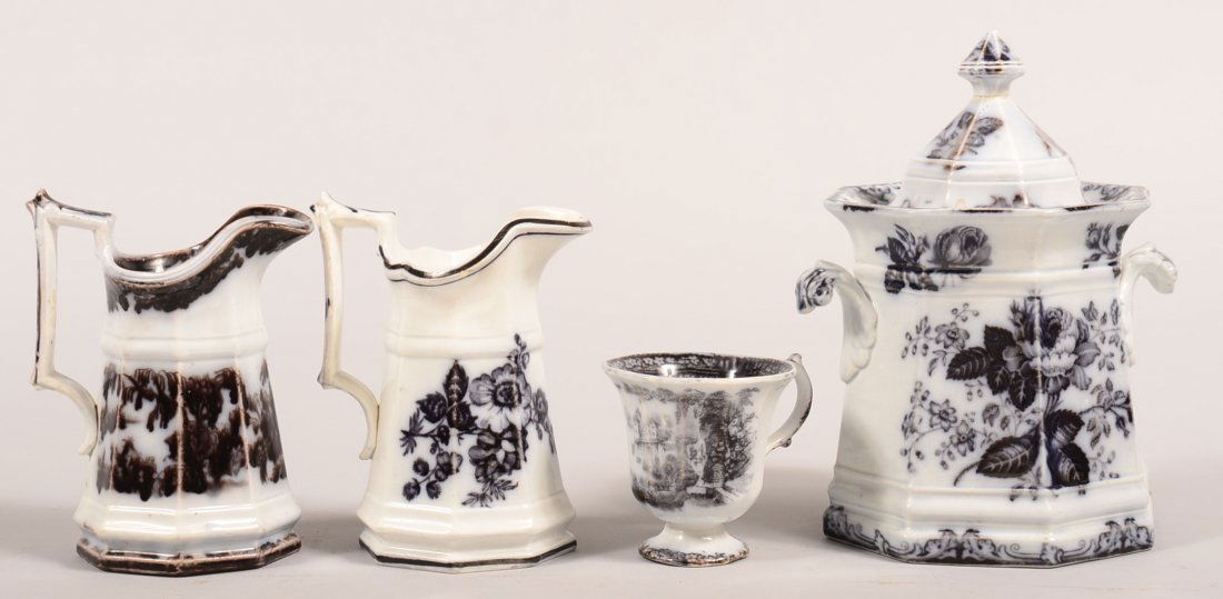 Four Pieces of Mulberry Transfer Ironstone China. "Moss: Four Pieces of Mulberry Transfer Ironstone China. "Moss rose" covered sugar bowl, 8-1/4"h., "Corean" cream pitcher, 6"h., "Rose" cream pitcher 6"h. and "Washington Vase" punch cup, 3"h. Condition: Sug