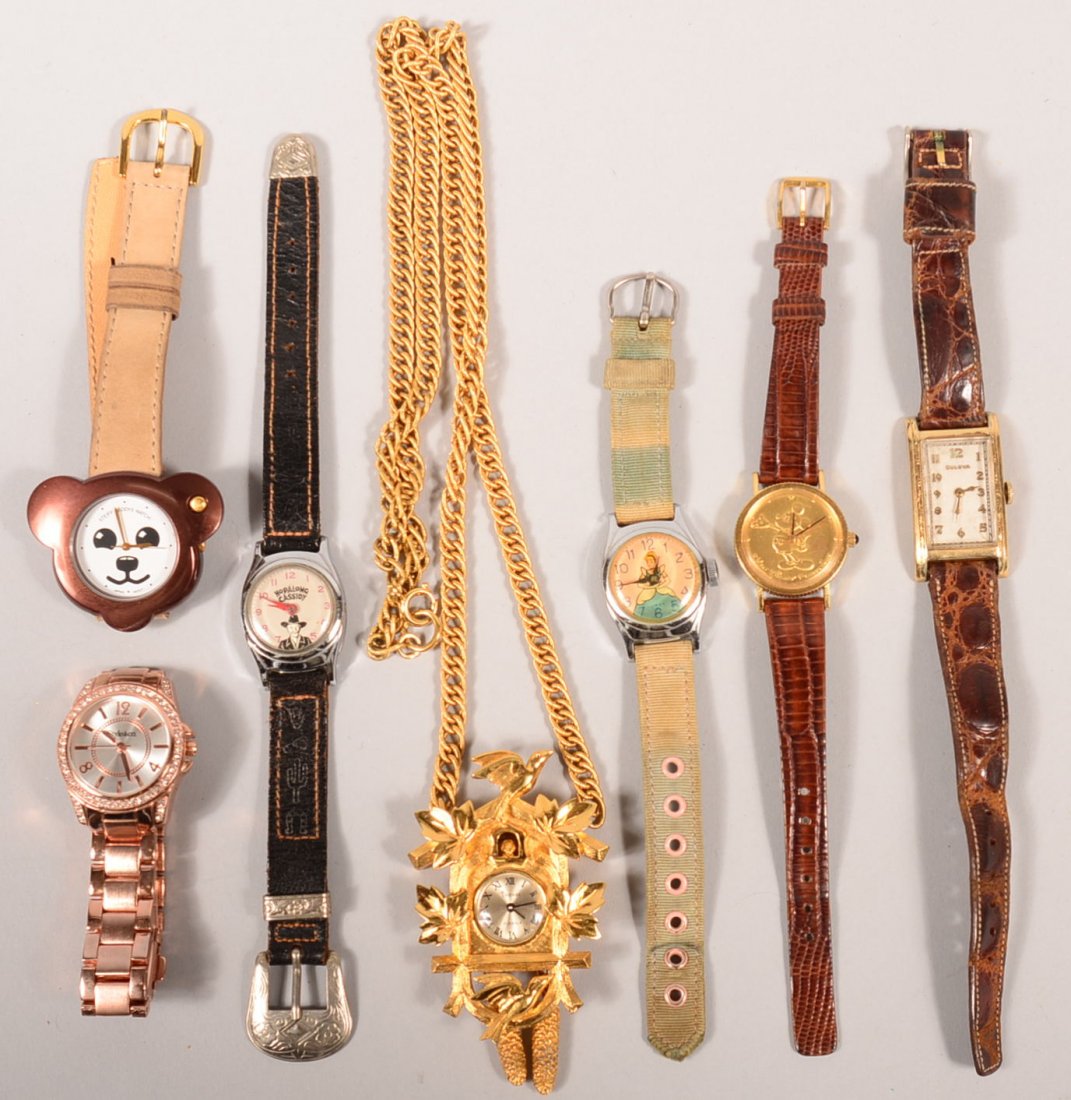 Grouping of Wristwatches. Including Trifari Cuckoo: Grouping of Wristwatches. Including Trifari Cuckoo clock form watch necklace, Hopalong Cassidy, Cinderella, Mickey Mouse, Bulova , and others, Condition: Good.