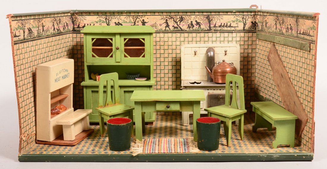 Grouping of Wooden Doll Furniture and Display.: Grouping of Wooden Doll Furniture and Display. Including kitchen cupboard, table and chairs, playtown meat market, wooden and paper lithograph display, 13"h. x 25-3/4"w. x 13-1/2"d. Condition: Good, r