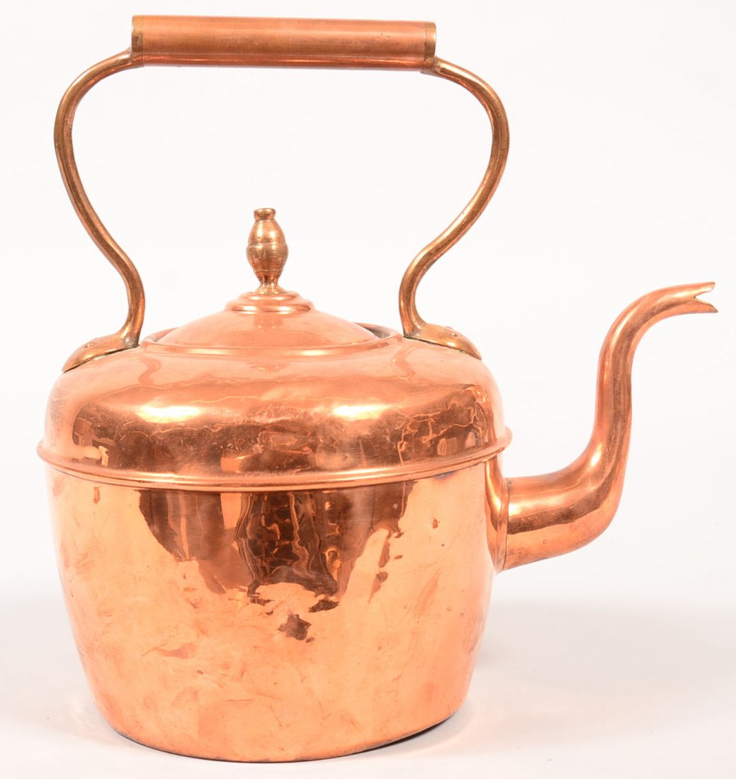 Copper and Brass Tea Kettle. Gooseneck spout,: Copper and Brass Tea Kettle. Gooseneck spout, stationary handle, circa. 19th century, marked marque deposee with snake, 11-1/2"h. Condition: Good with some denting.