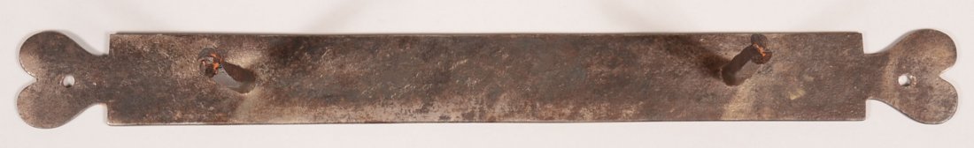 Iron Wall Bracket with Heart Shape Terminals.: Iron Wall Bracket with Heart Shape Terminals. Rectangular form with two pegs, 17-1/4"long. Condition: Good.