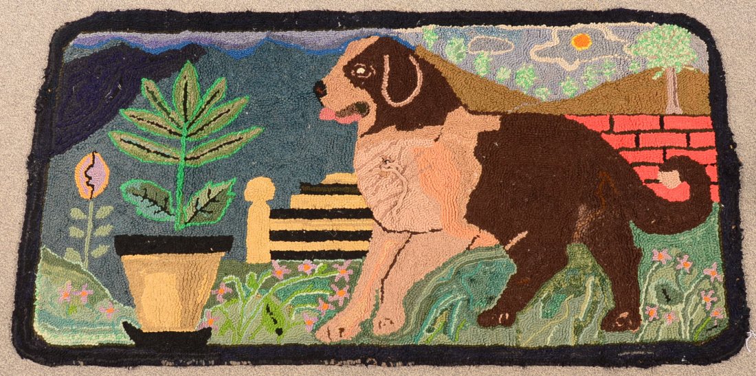 Saint Bernard Dog Hooked Rug. Early 20th century with: Saint Bernard Dog Hooked Rug. Early 20th century with Saint Bernard dog alone brick and fenced wall with floral and foliage, polychrome material, 29"h. x 56"w. Condition: Repaired and losses.