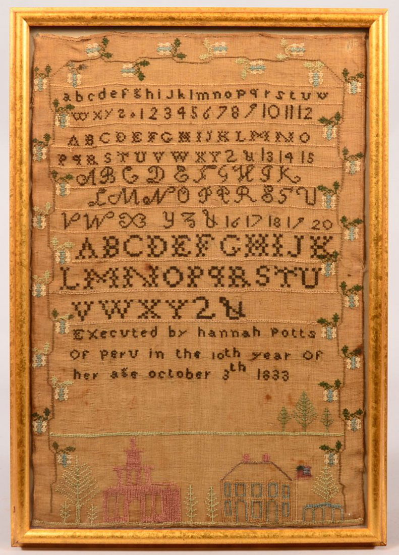 Hannah Potts 1833 ABC Sampler with floral and vine: Hannah Potts 1833 ABC Sampler with floral and vine border. building and tree bottom border, executed by Hannah potts of peru in the 10th year of her age October 3th 1833, in modern frame, image 20-1/2