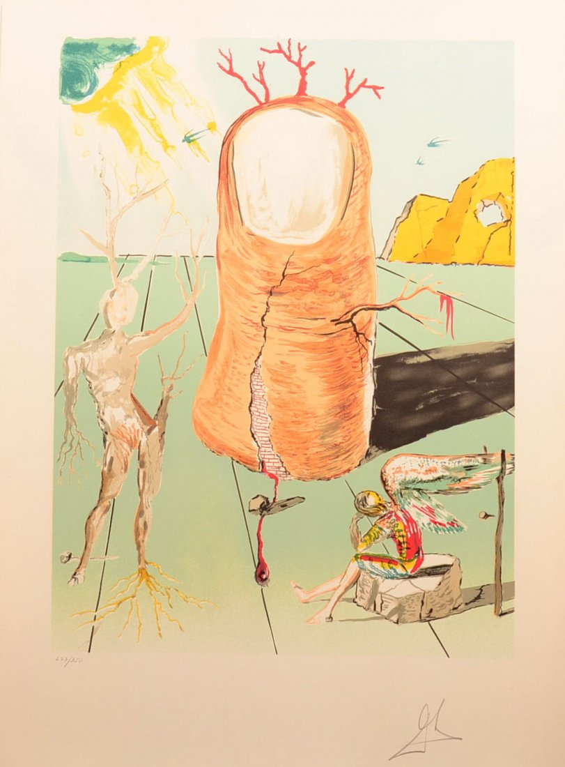 Salvador Dali "Vision of the Angel of Cape Creus": Salvador Dali "Vision of the Angel of Cape Creus" Lithograph, pencil signed lower right, lower left corner impressed Dali Art N.V. , unframed, edition 223/350, 29"h. x21-1/2"w. Condition: Good.