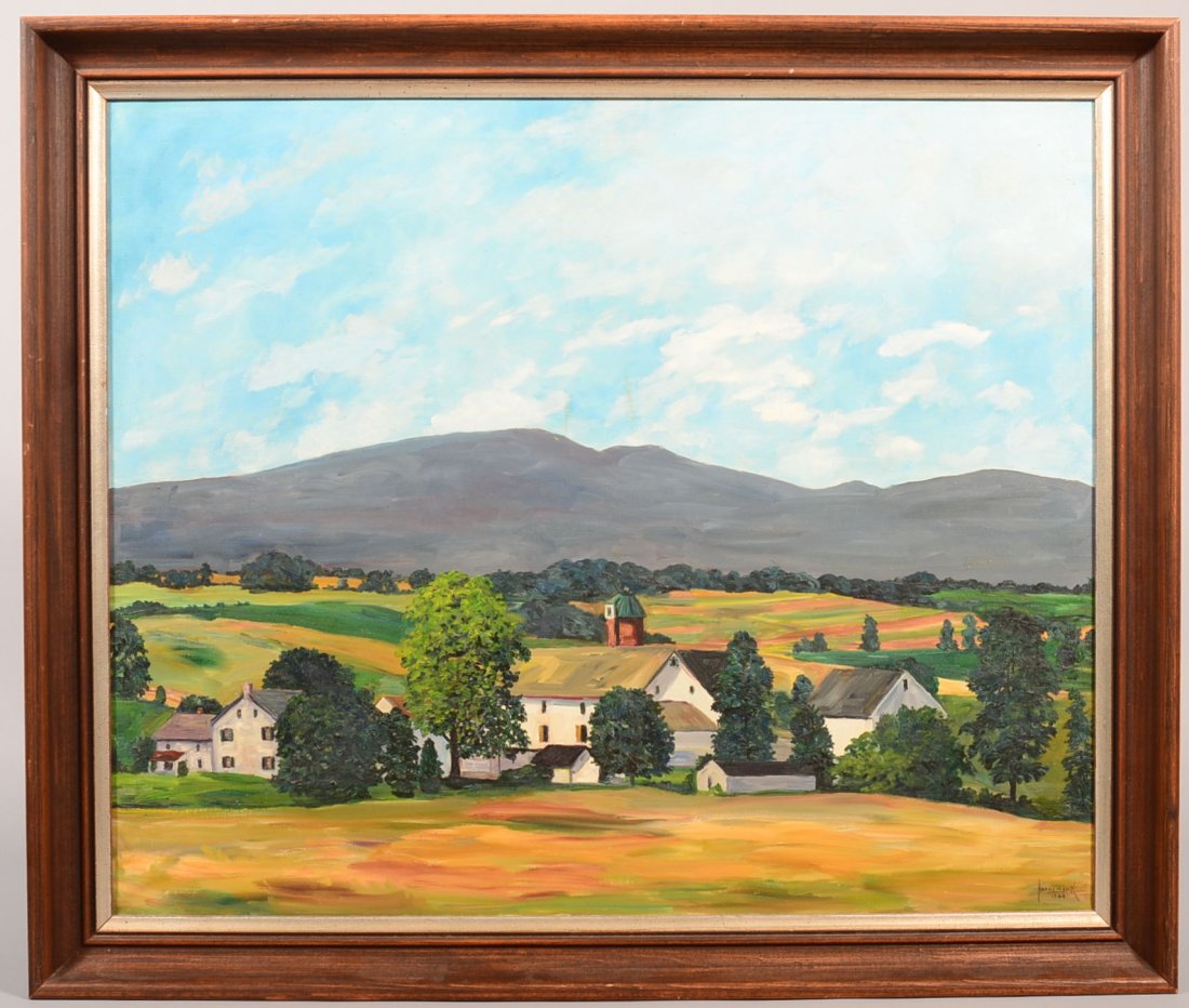Harry M. Book (Lititz, PA.) 1964 Oil on Canvas: Harry M. Book (Lititz, PA.) 1964 Oil on Canvas Painting. Depicting farm homestead and landscape, signed lower right hand corner, in molded frame, 32-1/2"h. x 38-1/2"w. Condition: Very good.