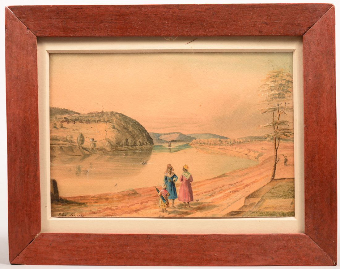 Framed Watercolor on Paper depicting of riverbanks of: Framed Watercolor on Paper depicting of riverbanks of Mississippi River with paddleboat coming down the river, black people in foreground, signed and dated lower left hand corner P. D. F. Jan. (Philli