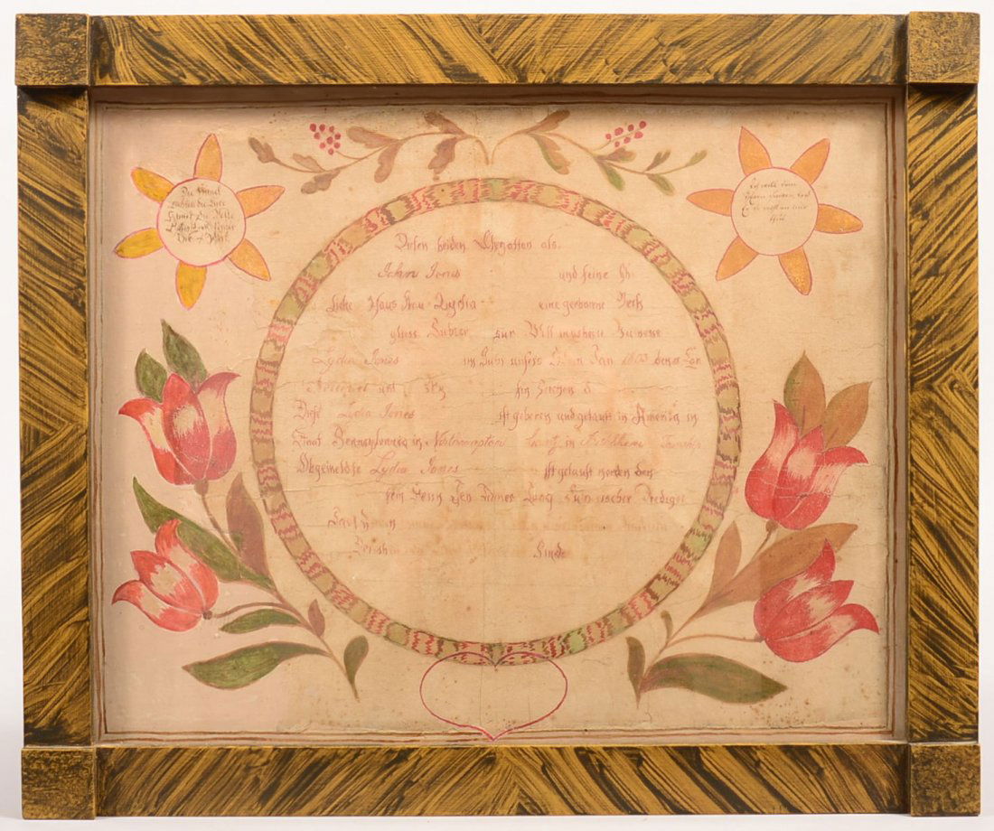 Northampton County Taufschein. Birth certificate for: Northampton County Taufschein. Birth certificate for Lydia Jones 1803, German text with tulips and sun decorations, 19th Century Taufschein glued down artist board having 20% loss and then painted in,