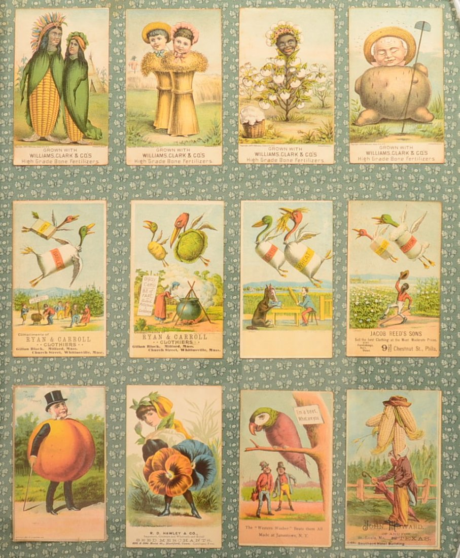 Twelve Victorian Advertising Cards. Including: Twelve Victorian Advertising Cards. Including Williams, Clark & Co. Fertilizers, Ryan & Carroll Clothiers, Jacob Reed's Sons, in a make do frame, 20"h. x 16-1/4"w. Condition: Good.