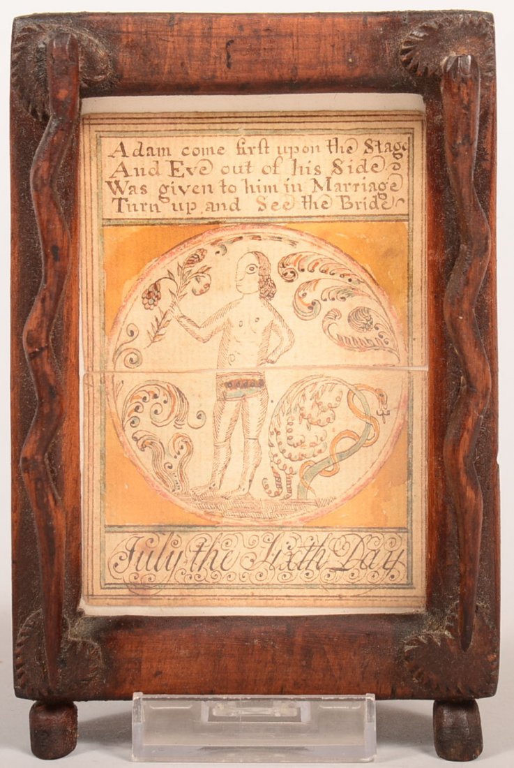 20th Century Watercolor and Ink Drawing of Adam in: 20th Century Watercolor and Ink Drawing of Adam in English text. In hand made frame with applied serpents, heart corner blocks and hoof feet, 6"h. x 4"w. Condition: