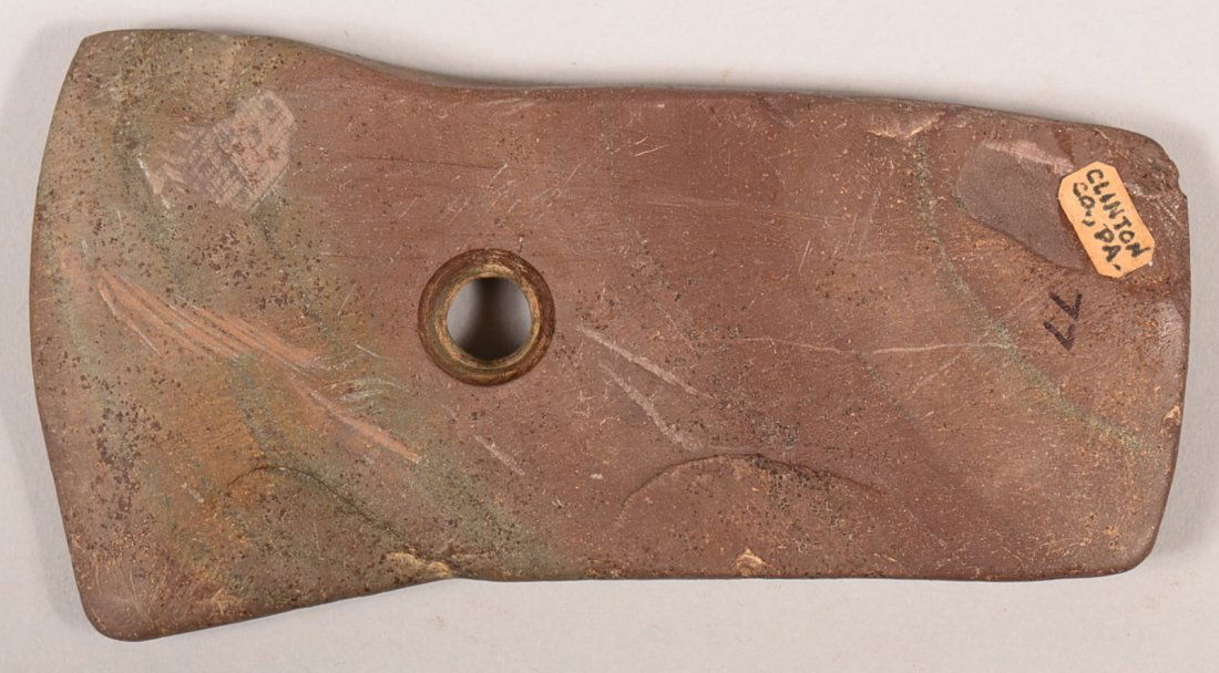 A good, prehistoric Clinton Co. PA Slate pendant/: A good, prehistoric Clinton Co. PA Slate pendant/ gorget of mixed red and grey colored slate 4 1/8" x 2"