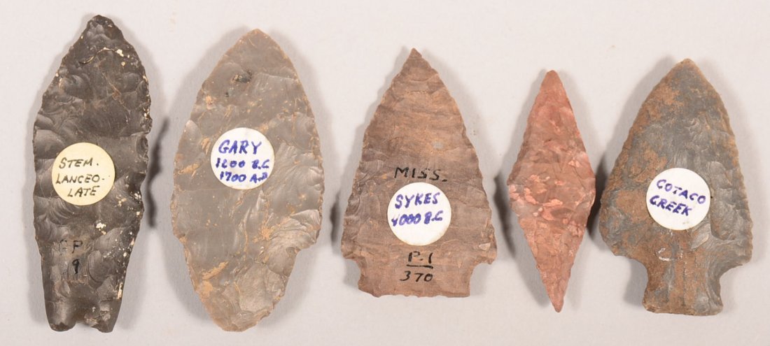 5 prehistoric flint items - mini harahey, lanceolate,: 5 prehistoric flint items - mini harahey, lanceolate, sykes, cotaco creek, Gary types.