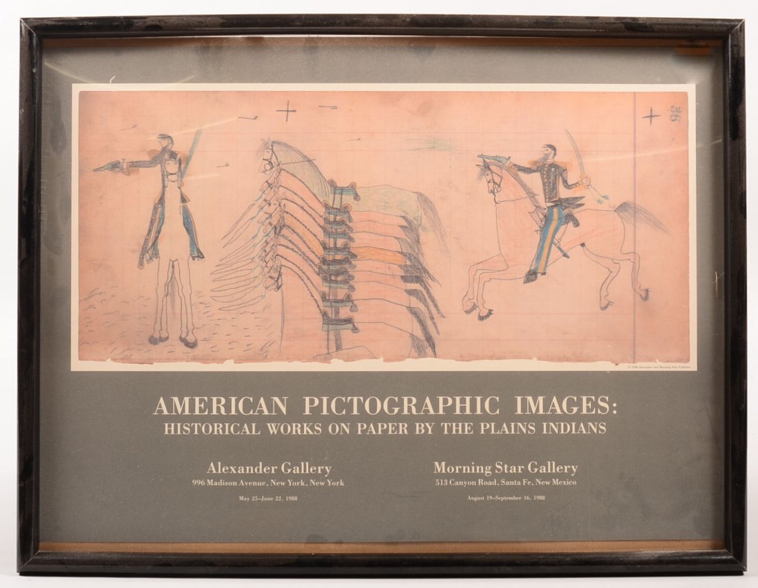 A framed Exhibition Poster - 1988 Gallery showings of: A framed Exhibition Poster - 1988 Gallery showings of Indian "Ledger Book" drawings - Shows image of U.S. Calvary - 24" x 18"`