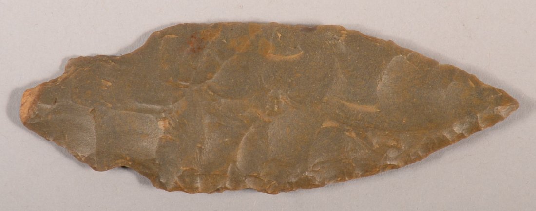 A pre-historic "Harrison Turkey tail" point, 3-3/8": A pre-historic "Harrison Turkey tail" point, 3-3/8" long from the S.B. Sisemore Collection