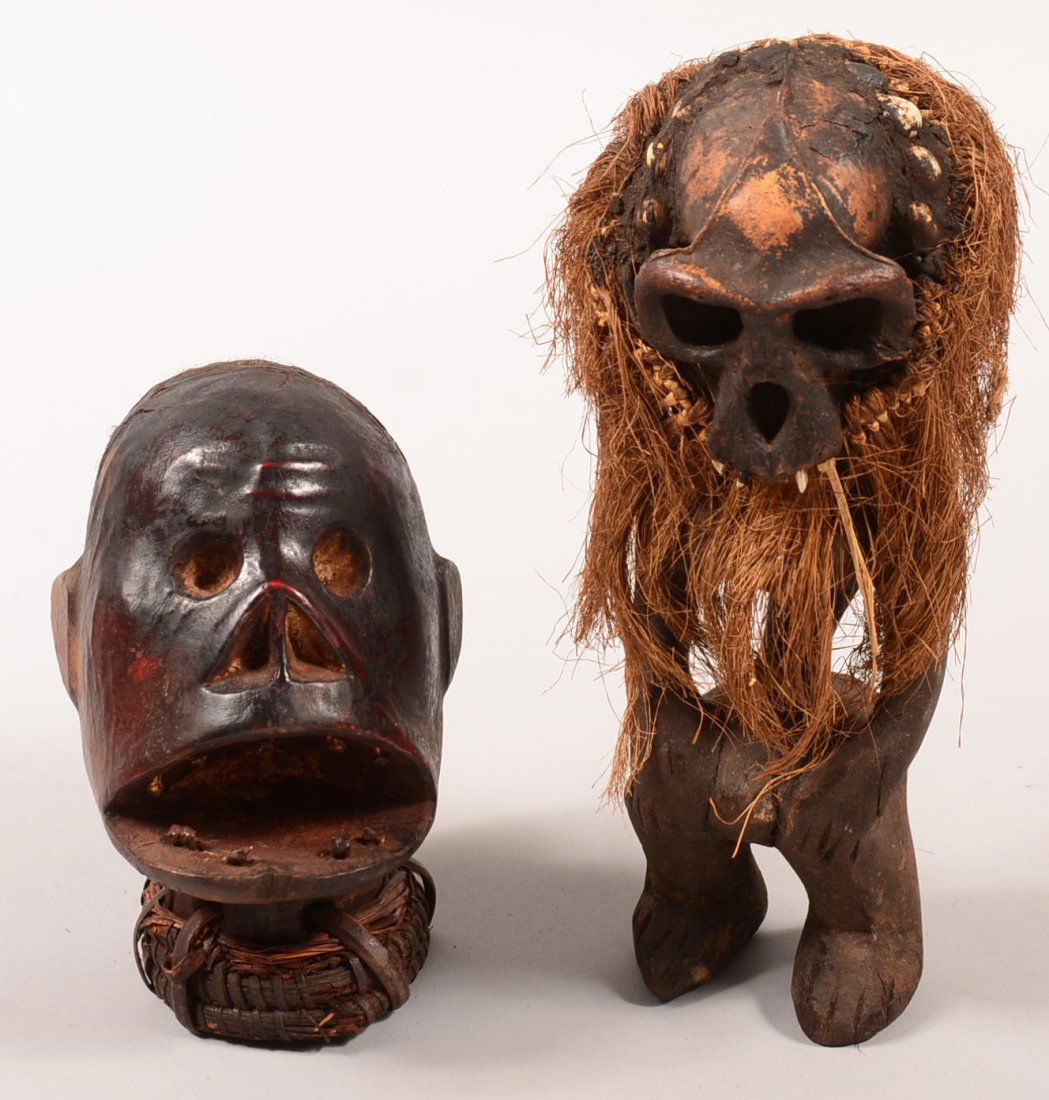 2 African artworks - Zaire Monkey Fetish and Skull-like: 2 African artworks - Zaire Monkey Fetish and Skull-like carved head