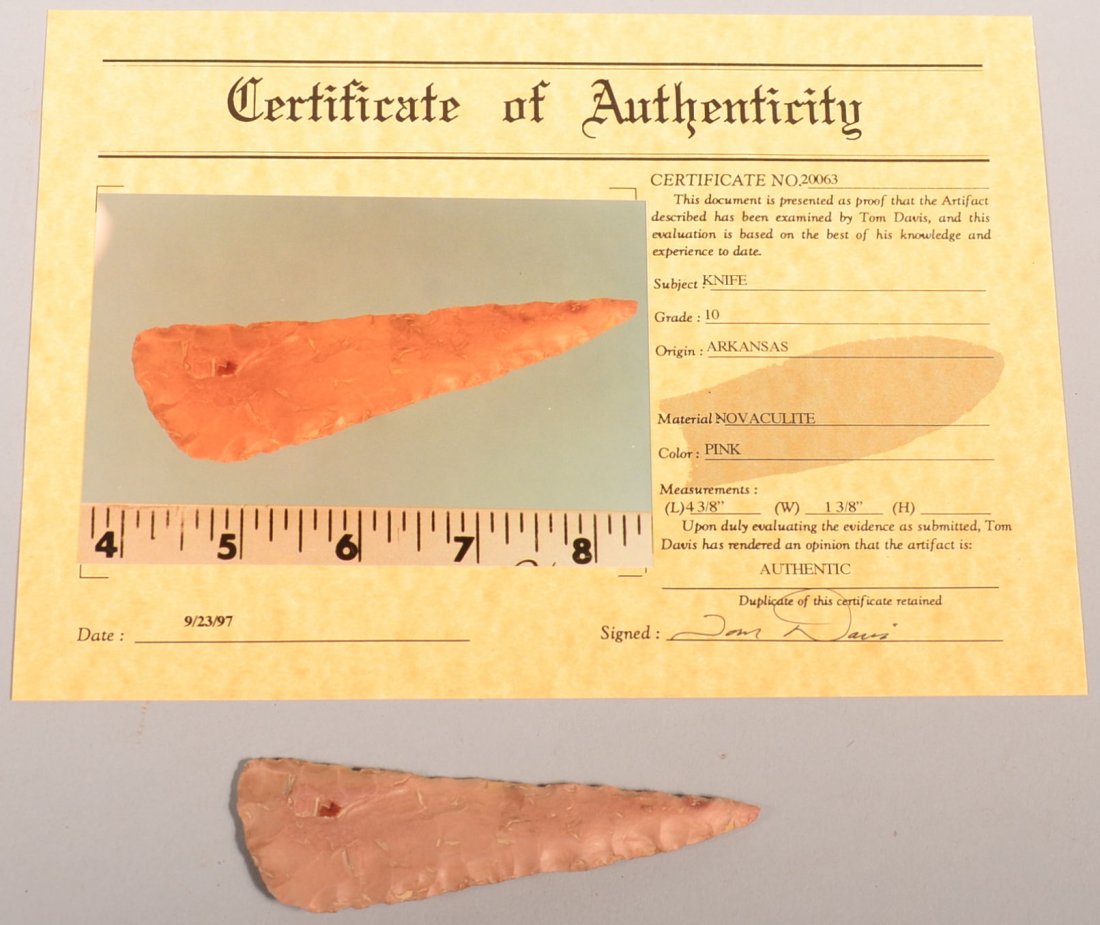 A pre-historic pink novaculite knife from Arkansas 4: A pre-historic pink novaculite knife from Arkansas 4 3/8" x 1 3/8" - comes with certificate of authenticity and glass and wood display case