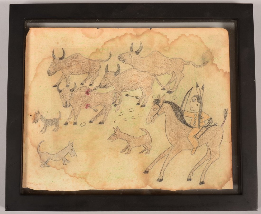 A Plains Indian styly "Ledger Book" pictograph with a: A Plains Indian styly "Ledger Book" pictograph with a letter of authenticity