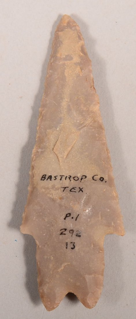 A prehistoric "Perdenales" type point from Bastrop Co.: A prehistoric "Perdenales" type point from Bastrop Co. Texas, 3 5/8" long ex. Sisemore coll.