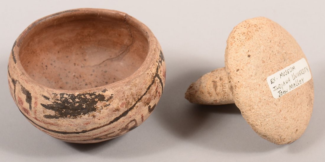 2 ancient artifacts - A 3 1/2" DIA. Excavated,: 2 ancient artifacts - A 3 1/2" DIA. Excavated, poly-chrome decorated Southwestern pottery bowl and a scarce mid-western pottery smoothing tool from the Iniana University Museum coll.