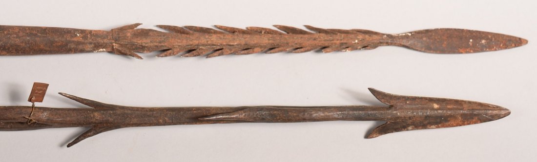 2 antique multi-barbed African iron spearheads: 2 antique multi-barbed African iron spearheads