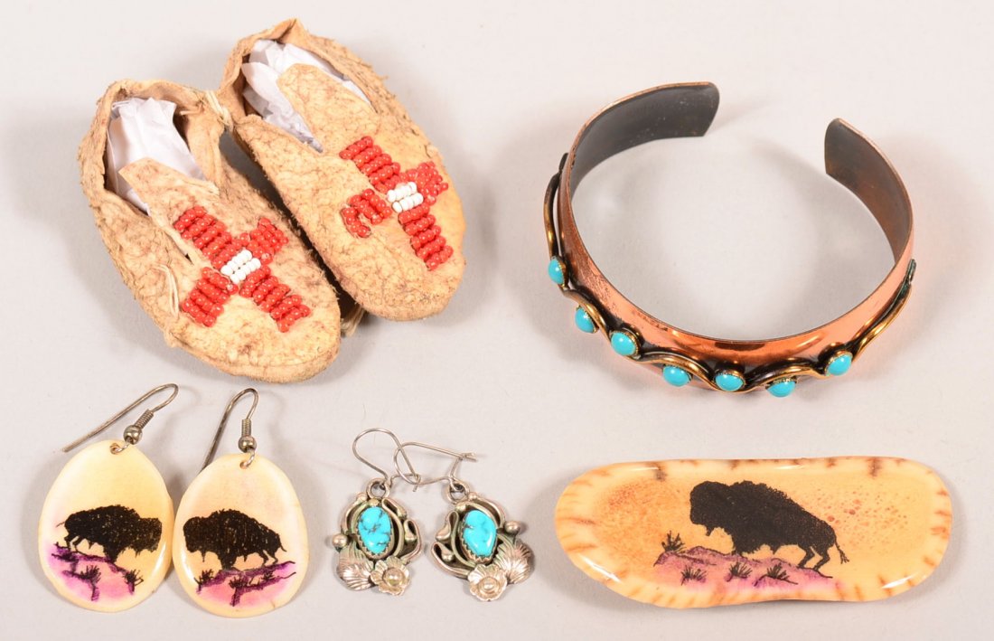 4 Indian items - antler pin and earrings, antique mini: 4 Indian items - antler pin and earrings, antique mini mocassins, copper bracelet, sterling and turquoise earring