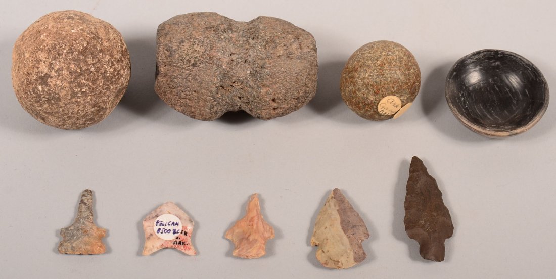 An Indian relic group - 2 stone balls, grooved hammer,: An Indian relic group - 2 stone balls, grooved hammer, flint drills, "Pelican" point from Ark., flint points from Oklahoma etc