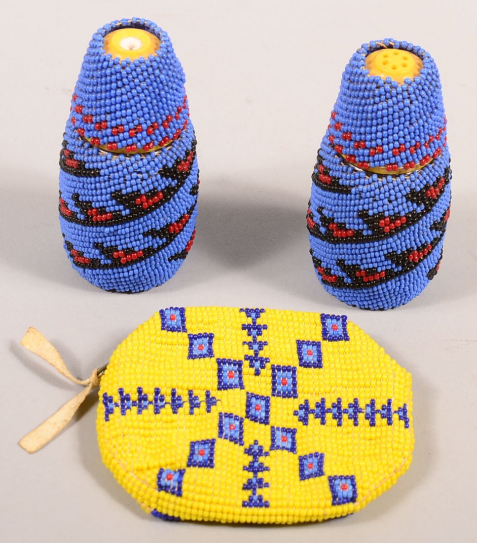 2 items of 1940's Western Indian beadwork - a pair of: 2 items of 1940's Western Indian beadwork - a pair of Piute salt and pepper shakers (cool and funky) and a Blackfoot change purse
