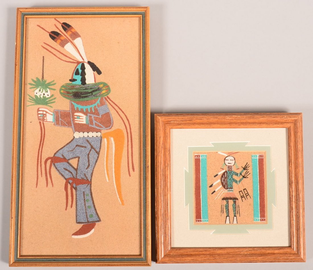 2 Navaho sand paintings, framed - one artist signed,: 2 Navaho sand paintings, framed - one artist signed, "Camed God", Begay - Good