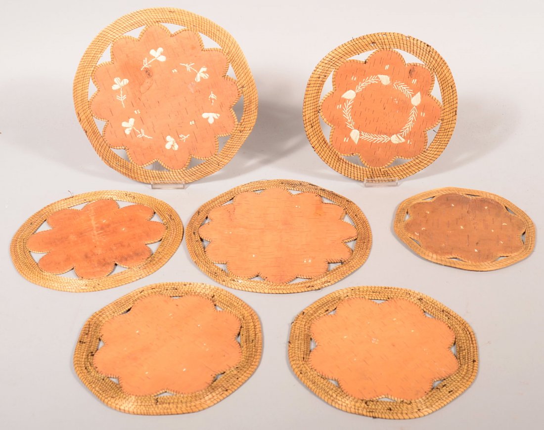 7 Penobscott Indian birch bark and porcupine quill mats: 7 Penobscott Indian birch bark and porcupine quill mats - Poor