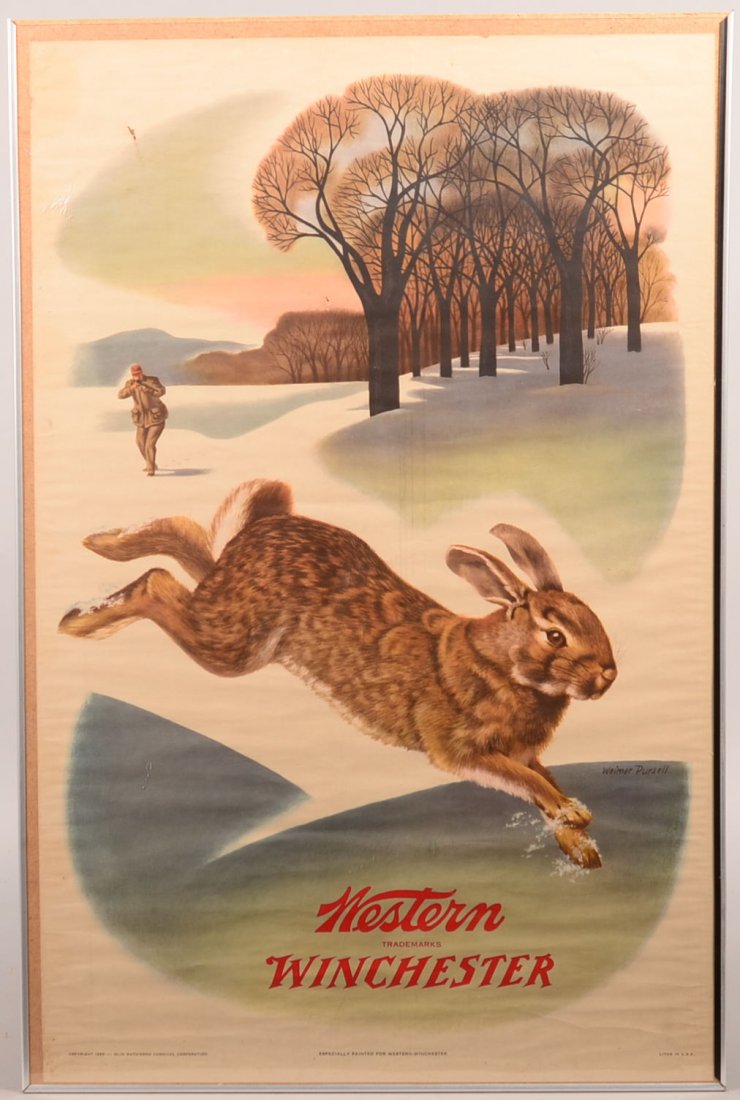 Winchester Western lithograph copyright 1955, original: Winchester Western lithograph copyright 1955, original drawing by Weimer Pursell, depicting a rabbit running in the snow with a hunter in the background. 39-3/4" h x 25-3/4"w actual poster size mounte