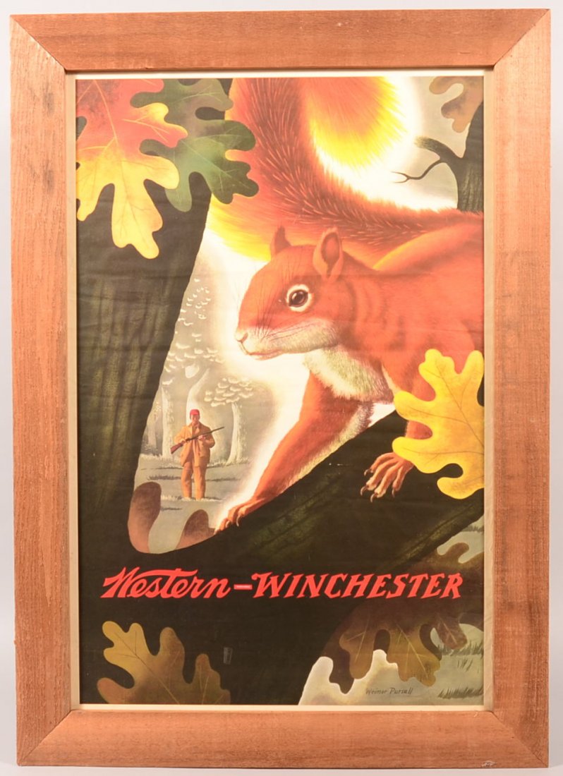 Framed Winchester Western lithograph circa 1955,: Framed Winchester Western lithograph circa 1955, original drawing by Weimer Pursell, depicting a hunting scene with a squirrel in a tree. 39-3/4" h x 25-3/4". Condition: bright colors, clear image, so